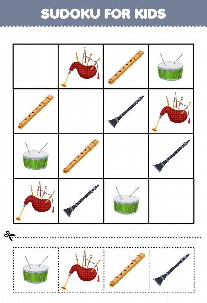 Lernspiel für Kinder Sudoku für Kinder mit Zeichentrick-Musikinstrument Dudelsack Flöte Trommel Klarinette Bild Arbeitsblatt zum Ausdrucken vektor