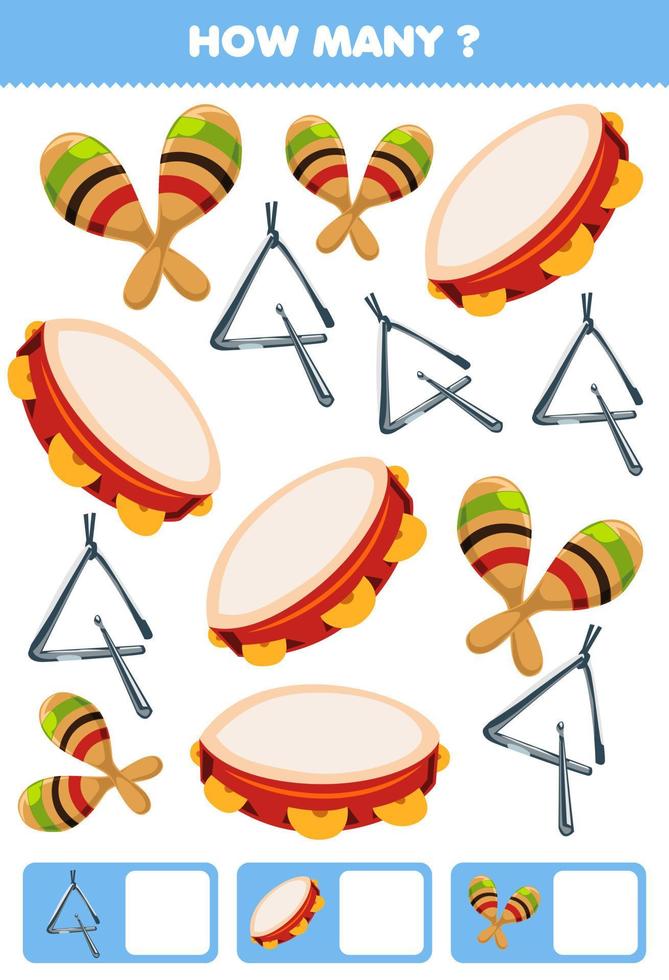 Lernspiel für Kinder, die suchen und zählen, wie viele Objekte Cartoon Musikinstrument Dreieck Tamburin Maracas druckbares Arbeitsblatt vektor