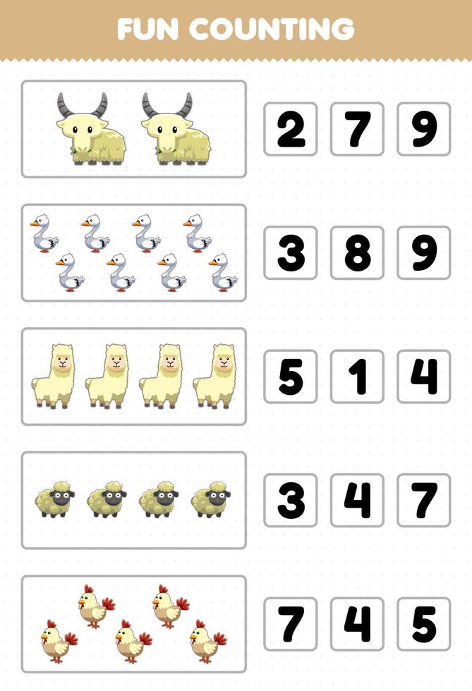 Bildungsspiel für Kinder Spaß beim Zählen und Auswählen der richtigen Anzahl von niedlichen Cartoon-weißen Tieren, weißen Schwanen, Lamas, Schafen, Huhn, Arbeitsblatt zum Ausdrucken vektor
