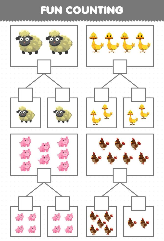 Lernspiel für Kinder Spaß beim Zählen von Bildern in jeder Schachtel mit niedlichem Cartoon-Bauernhoftier Schaf Ente Schwein Huhn Druckbares Arbeitsblatt vektor