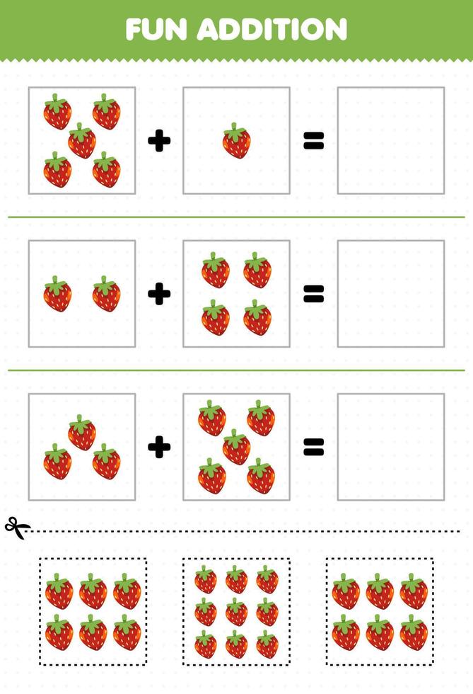 utbildningsspel för barn roligt tillägg genom att klippa och matcha kalkylblad för tecknade frukt jordgubbsbilder vektor