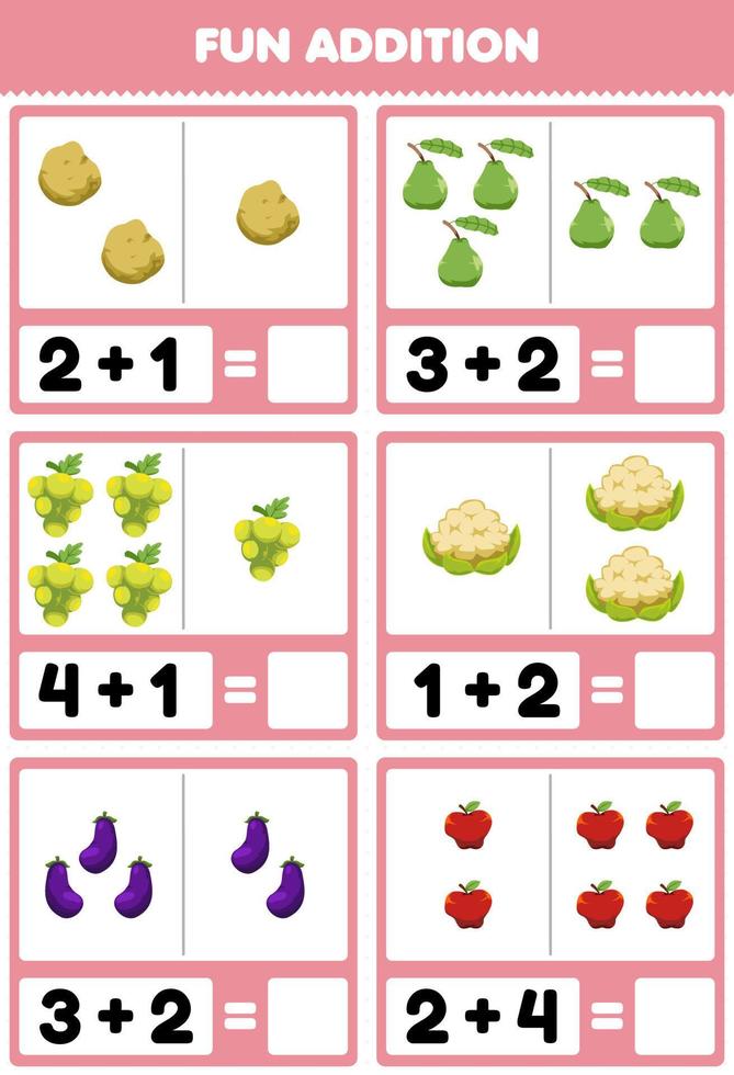 Lernspiel für Kinder Spaß Addition durch Zählen und Summe Cartoon Kartoffel Guave Traube Blumenkohl Aubergine Apfel Bilder Arbeitsblatt vektor
