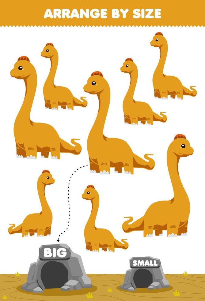 utbildningsspel för barn ordna efter storlek stor eller liten flytta den i grottan söt tecknad förhistorisk dinosaurie brontosaurus bilder vektor
