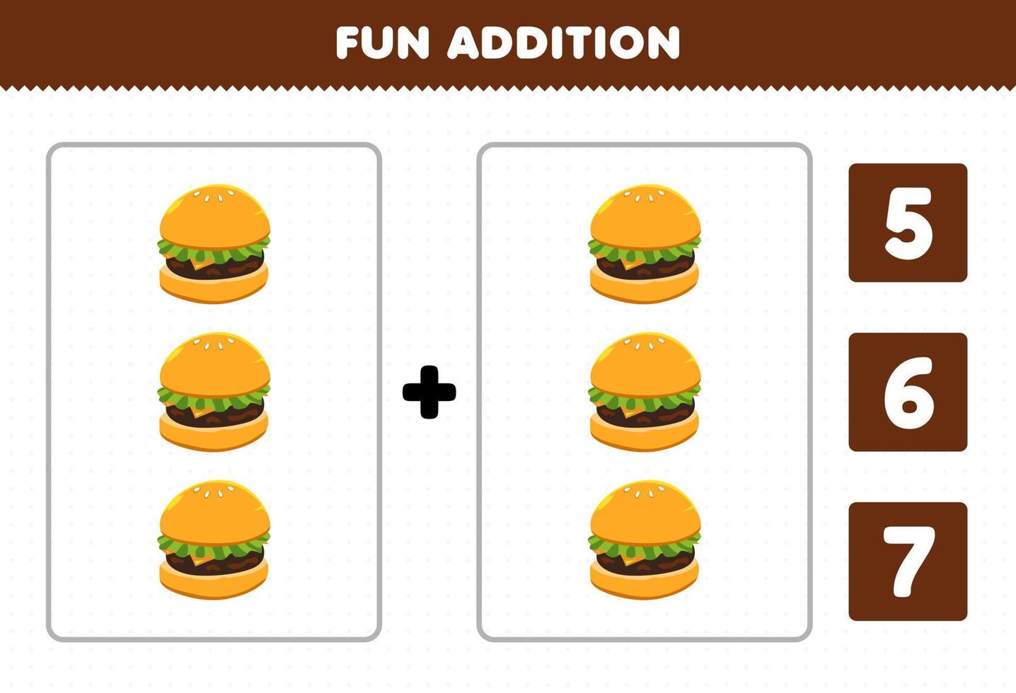 utbildningsspel för barn roligt tillägg av antal och välj rätt svar på tecknad matburgare utskrivbart kalkylblad vektor