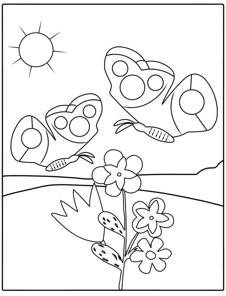 Schwarz-Weiß-Cartoon-Schmetterling-Charakter-Malseite für Kinder-Frühlingsaktivität. vektor