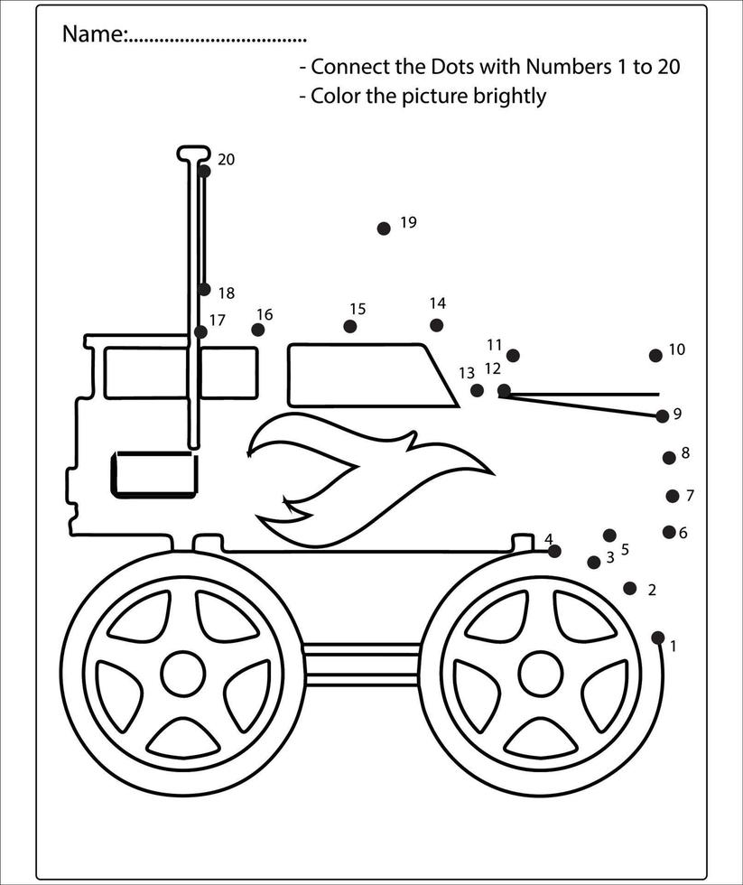 Verbinden Sie das Punkt- und Farb-Monster-Truck-Spiel für Kinder im Vorschulalter mit einem einfachen Lernspielniveau. vektor