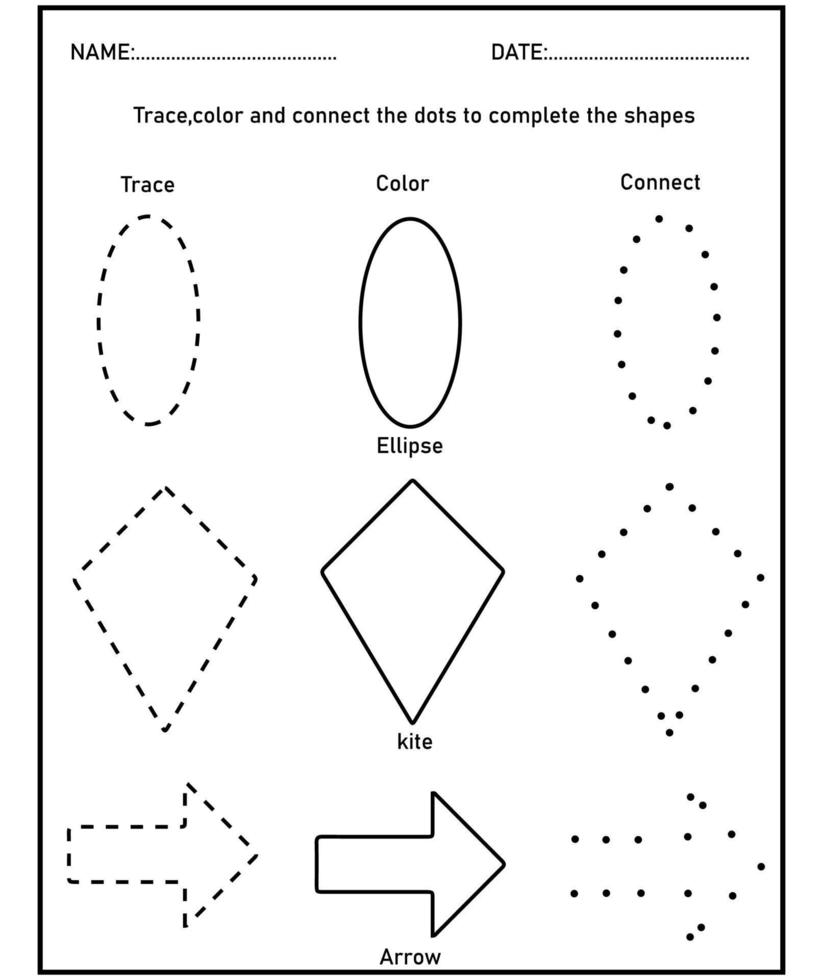 Formen nachzeichnen, Formen und geometrische Figuren lernen. vorschul- oder kindergartenarbeitsblatt. vektor