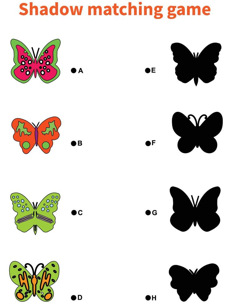 Schmetterlings-Schattenanpassungsaktivität für Kinder. lustiges frühlingspuzzle mit niedlichen insekten. vektor