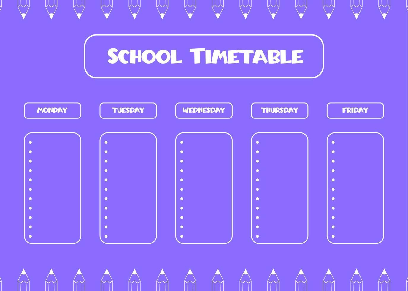 Schulzeitplanvorlage für Kinder. wochenplaner mit schulmaterial im strichzeichnungsstil. Entwurfsvorlage für den Zeitplan. vektor