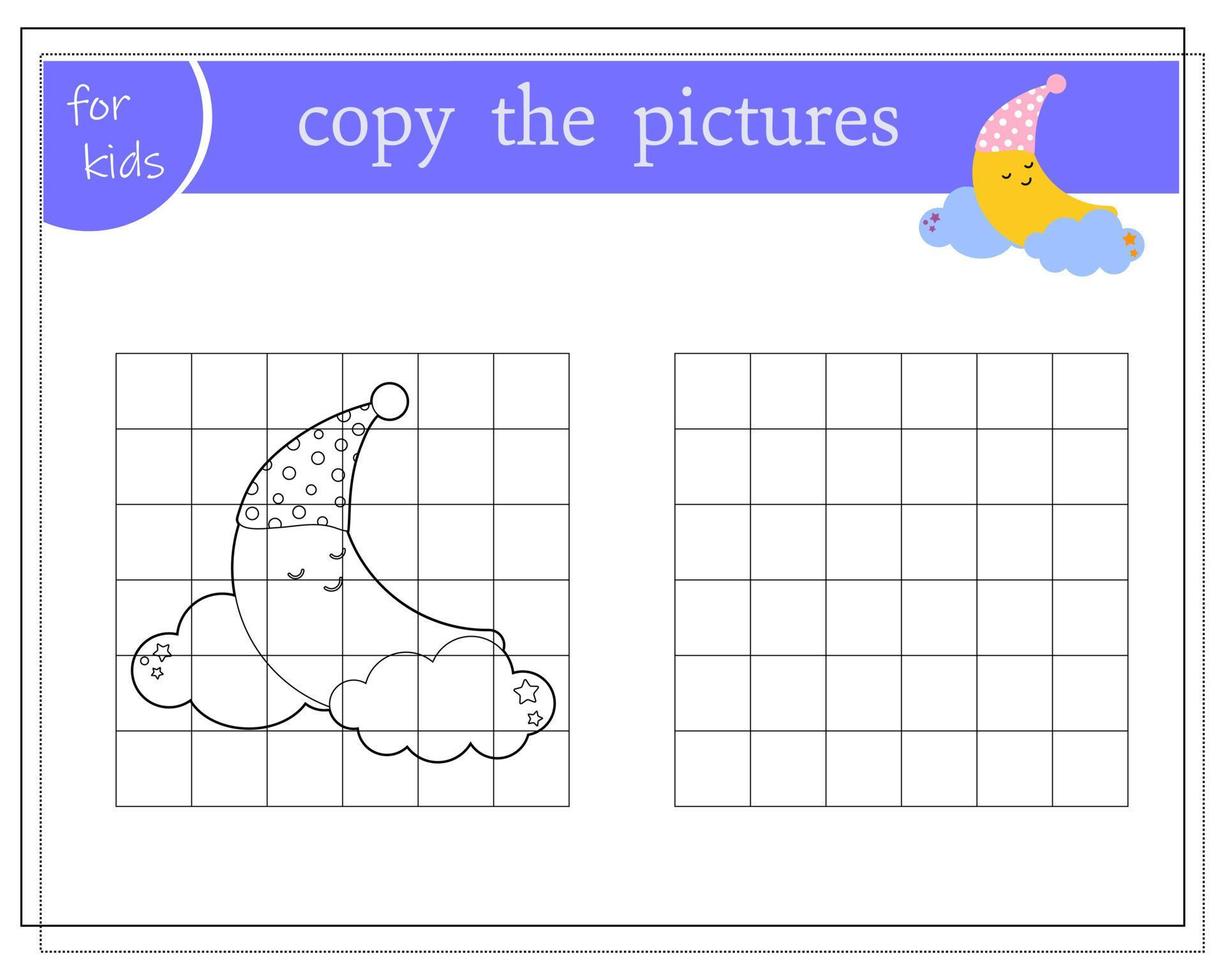 kopiera bilden, pedagogiska spel för barn, tecknad måne sover i en sovmössa i molnen. vektor isolerad på en vit bakgrund