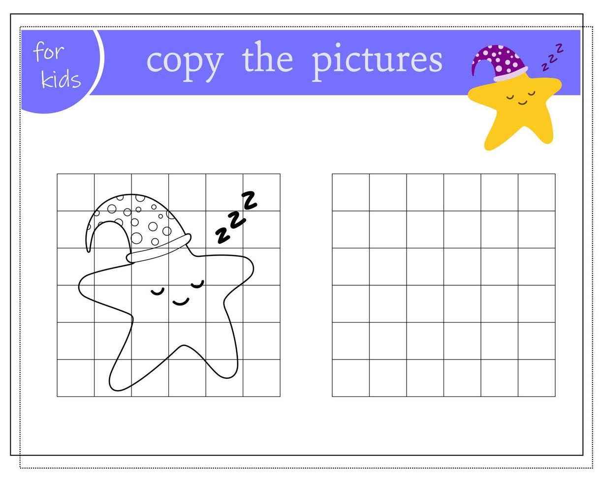 kopiera bilden, pedagogiska spel för barn, tecknad stjärna som sover i en sömnmössa. vektor isolerad på en vit bakgrund