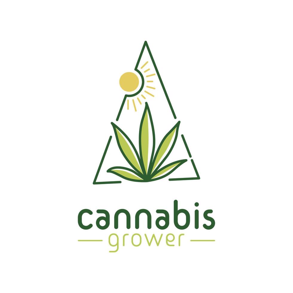 Marihuana-Cannabisblatt mit Sonnenlogo-Design, einfaches minimalistisches Gras mit Sonnenlogo vektor