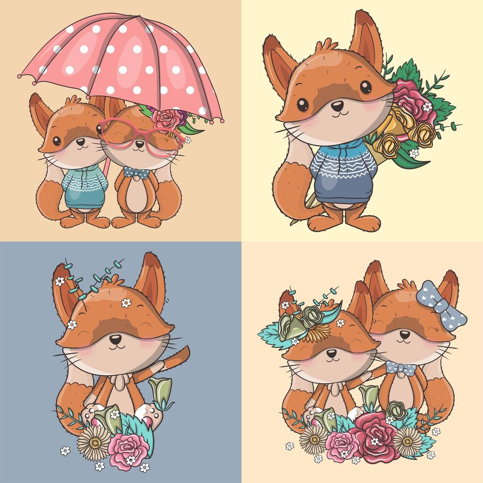 Satz niedliche Cartoon-Füchse mit Blumen und Regenschirm vektor