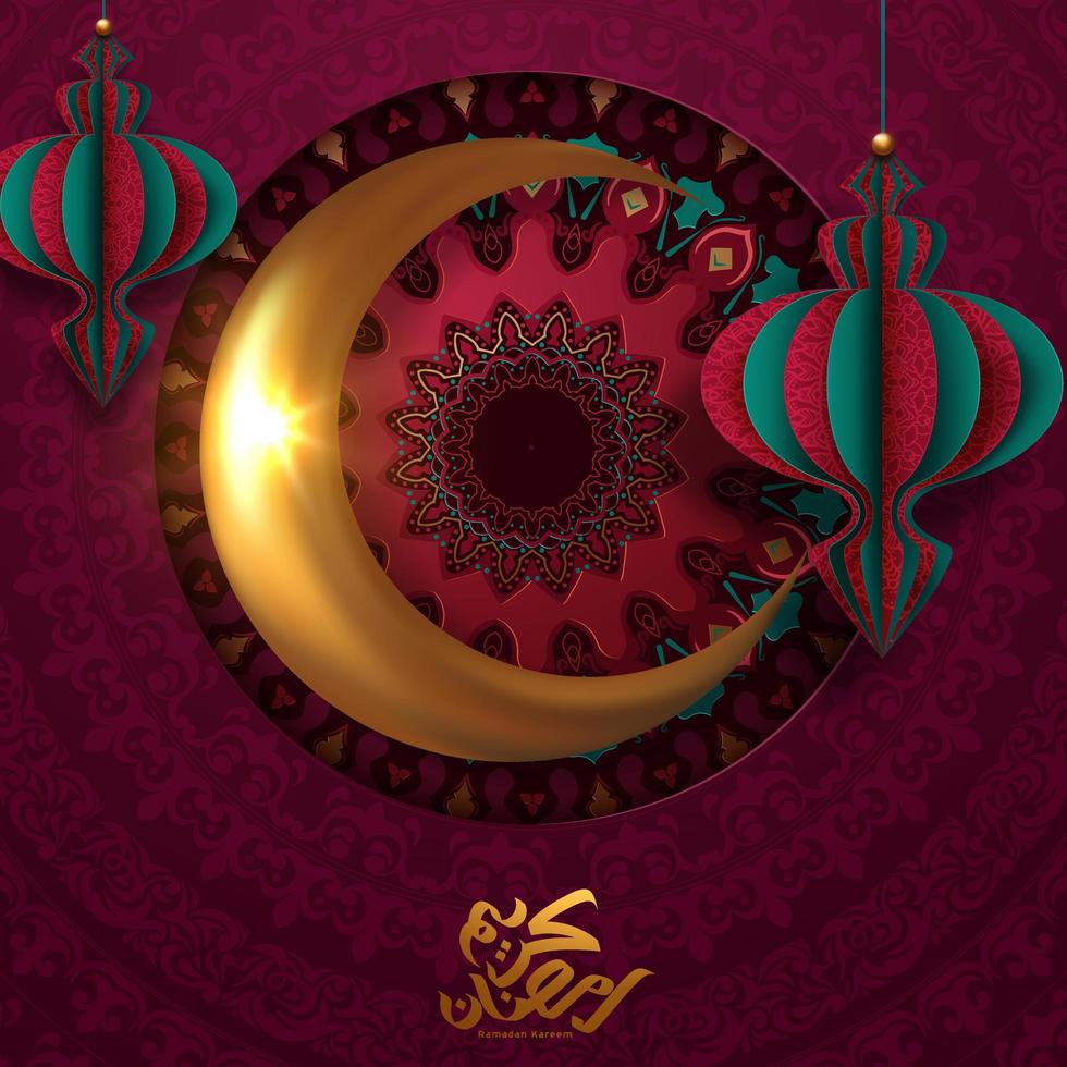 ramadan kareem affisch med guldmånen och papperslyktor vektor