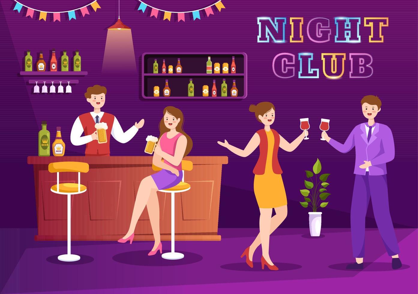 nachtclub-cartoon-illustration mit nachtleben wie junge leute trinken alkohol und jugendtanz begleitet von dj-musik im rampenlicht vektor