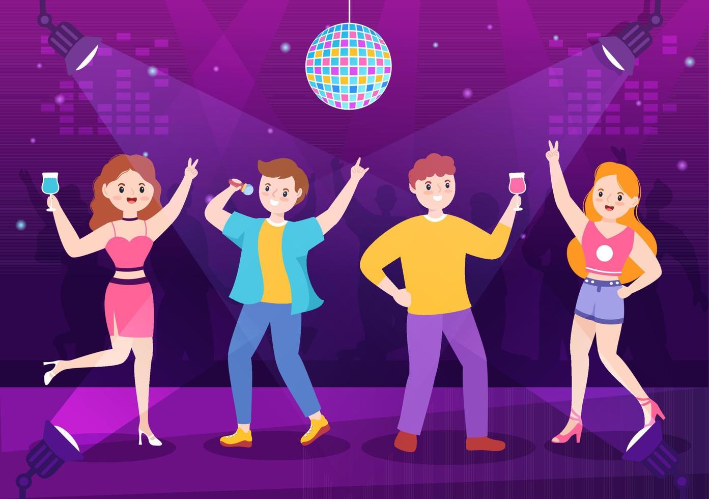 nachtclub-cartoon-illustration mit nachtleben wie junge leute trinken alkohol und jugendtanz begleitet von dj-musik im rampenlicht vektor