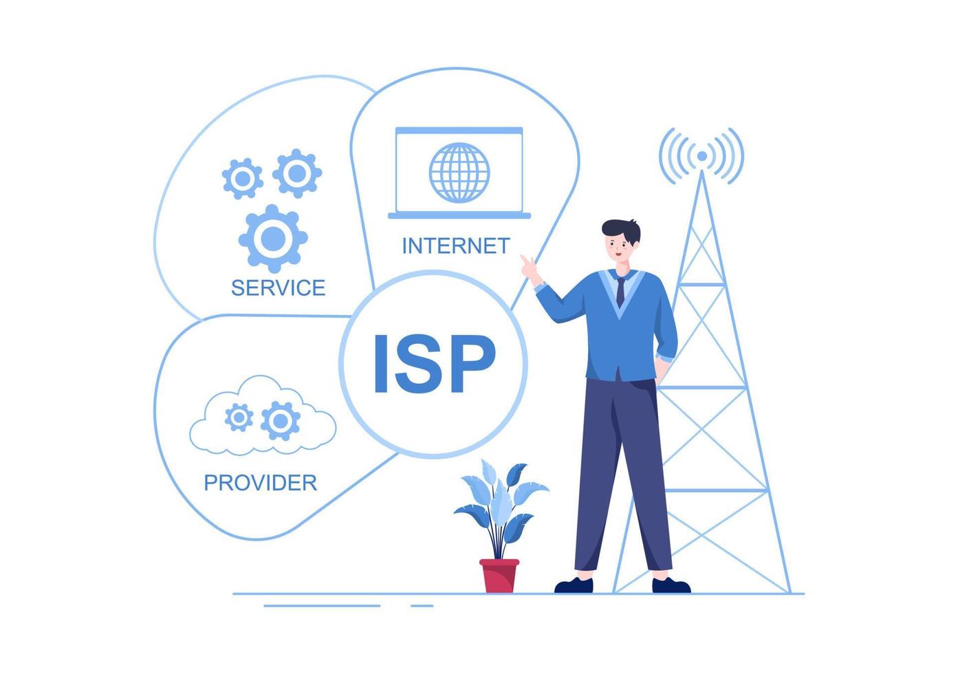 isp- oder internetdienstanbieter-cartoon-illustration mit schlüsselwörtern und symbolen für den intranetzugang, sichere netzwerkverbindung und datenschutz vektor