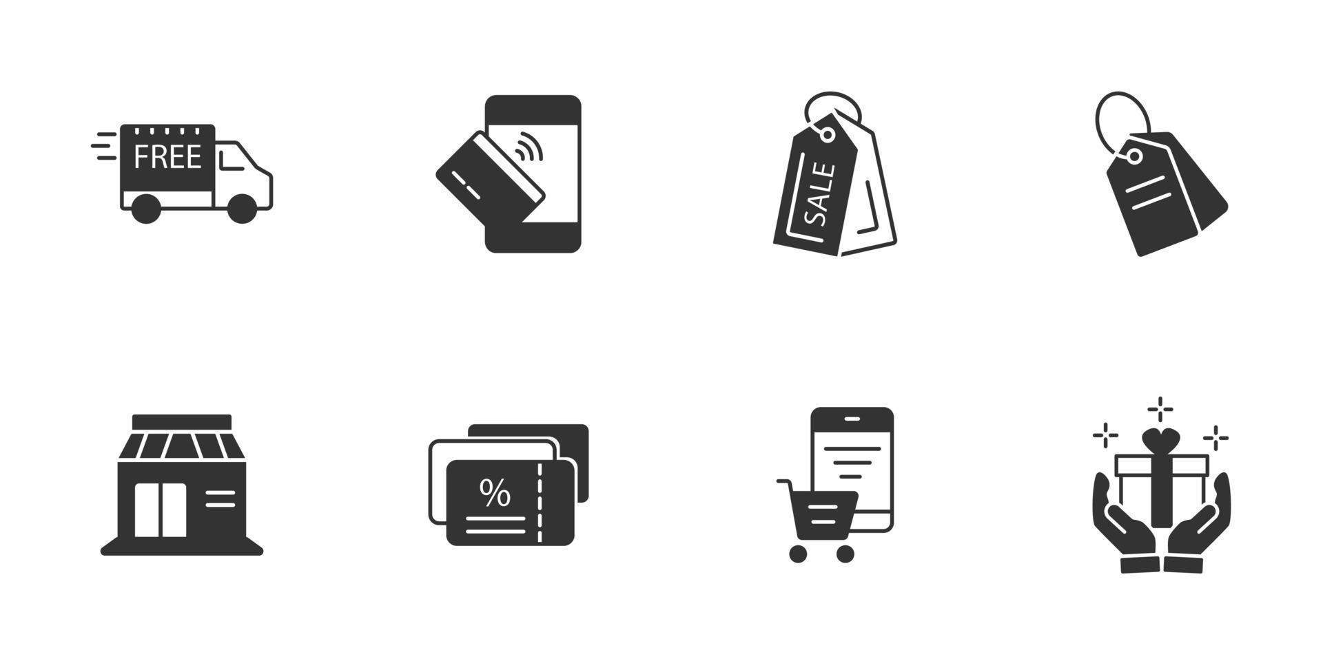 Einkaufen, E-Commerce-Icons gesetzt. Einkaufen, E-Commerce-Packsymbol-Vektorelemente für Infografik-Web vektor