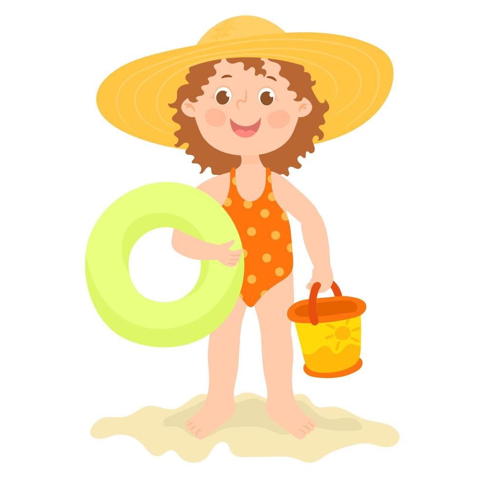 Strandzubehör für Kinder. glückliches Mädchen mit Strohhut und aufblasbarem Donutring. vektor