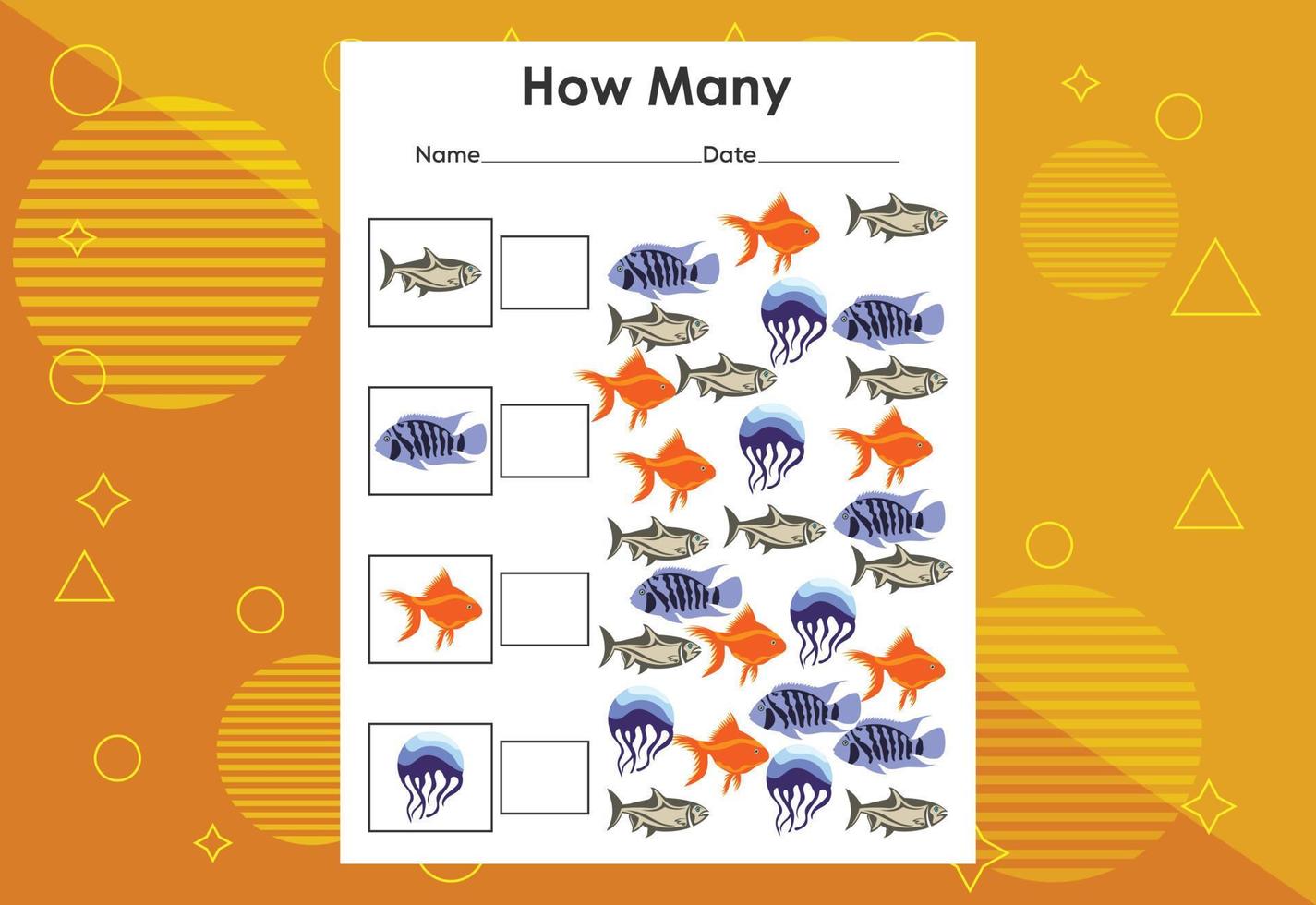 hur många fiskuppgifter. arbetsblad för pedagogiska barnspel vektor