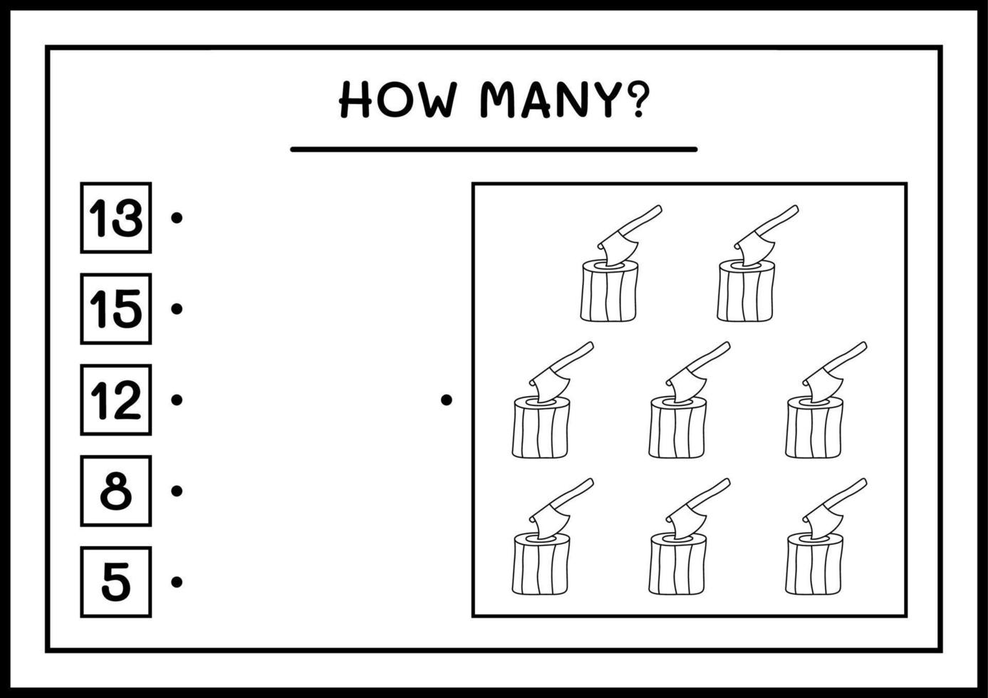 hur många stubbe med yxa, spel för barn. vektor illustration, utskrivbart kalkylblad
