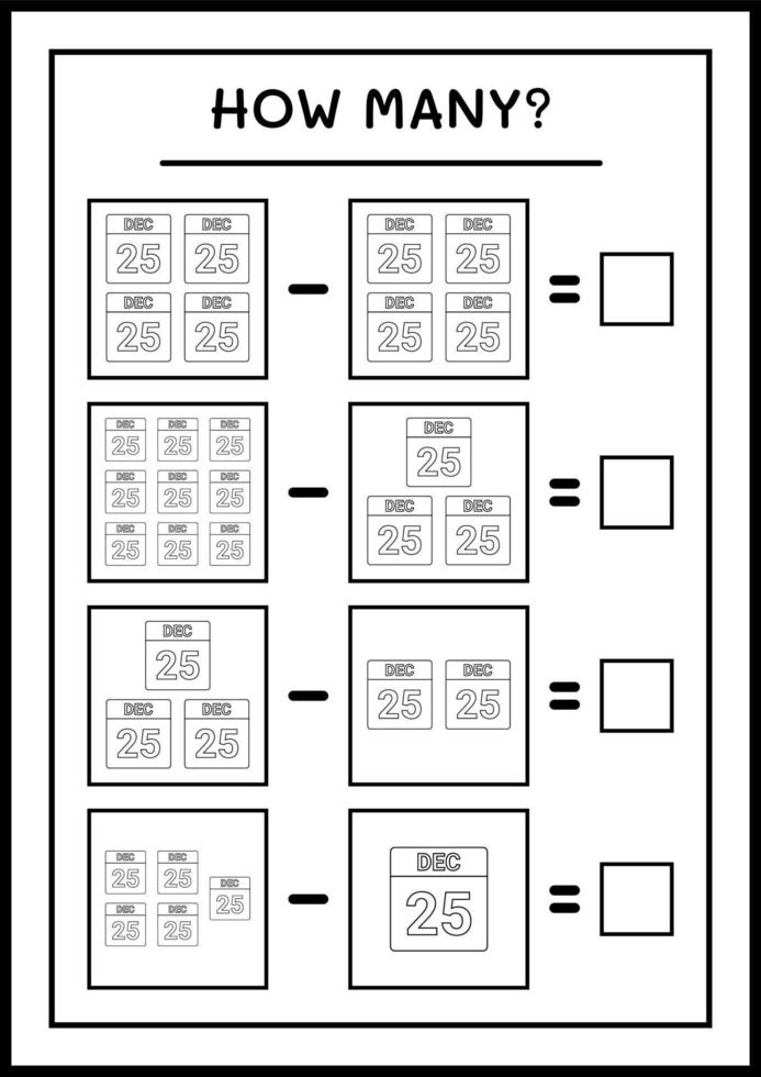 Wie viele Weihnachtskalender, Spiel für Kinder. Vektorillustration, druckbares Arbeitsblatt vektor