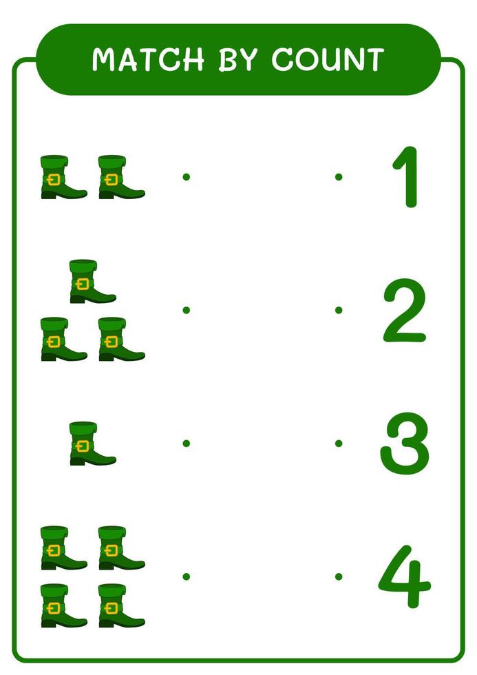 match efter räkning av leprechaun boot, spel för barn. vektor illustration, utskrivbart kalkylblad