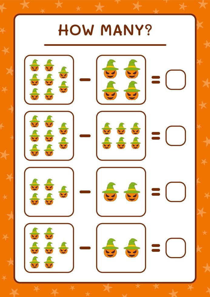 Wie viele Kürbisse, Spiel für Kinder. Vektorillustration, druckbares Arbeitsblatt vektor