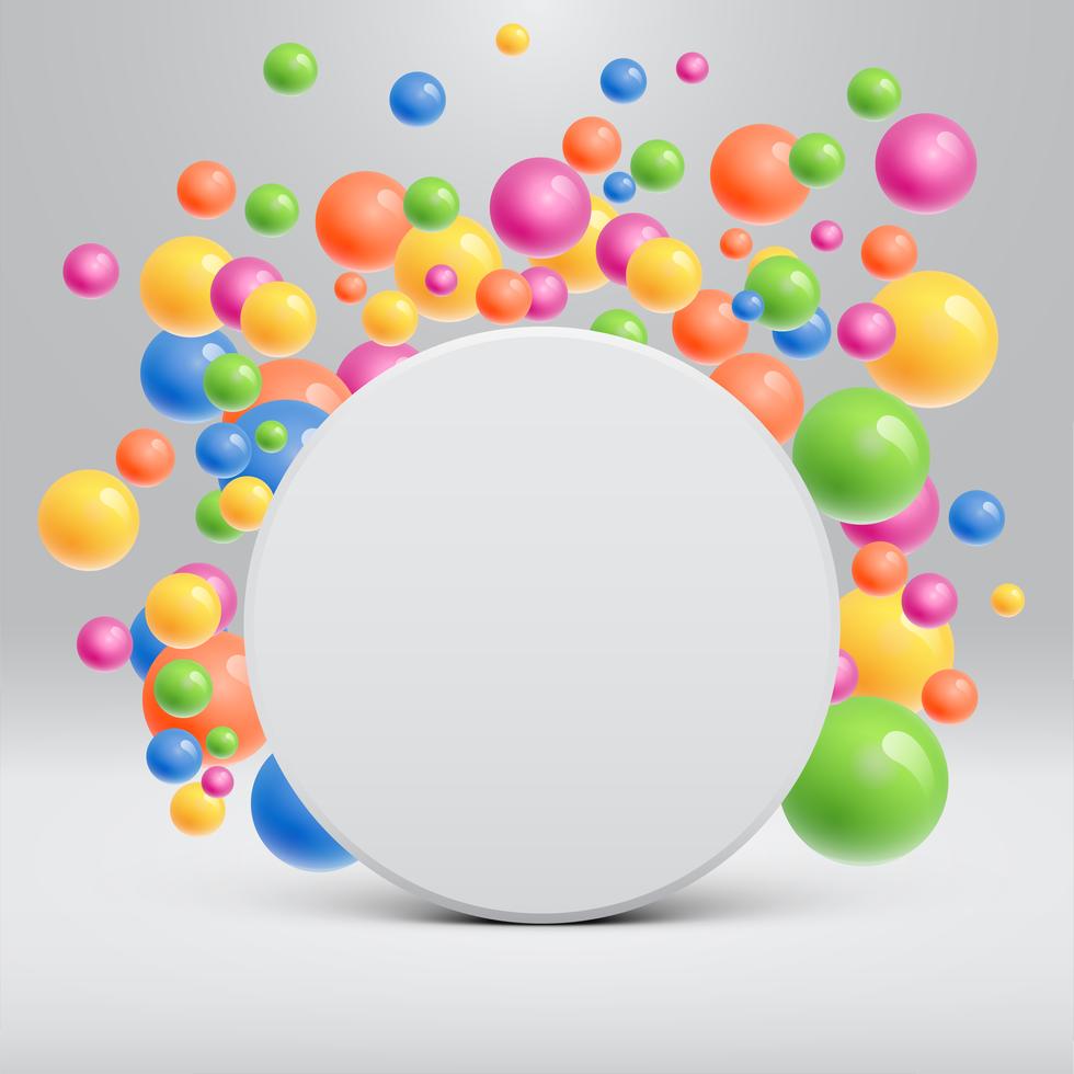 Blank vit mall med färgglada bollar flytande runt för reklam, vektor illustration