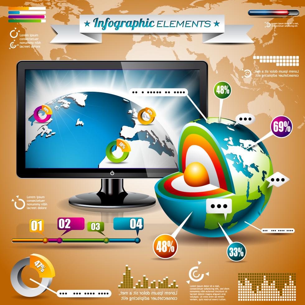 Vektor design uppsättning infographic element. Världskarta och informationsgrafik.