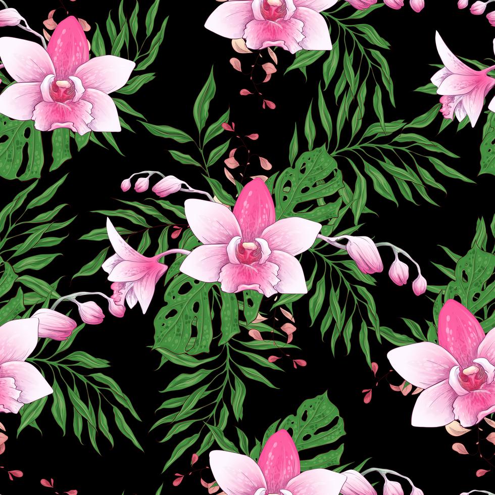 Vector Hand gezeichnetes nahtloses Muster mit stilisierter Orchideenniederlassung für Ihr Design auf dem schwarzen Hintergrund