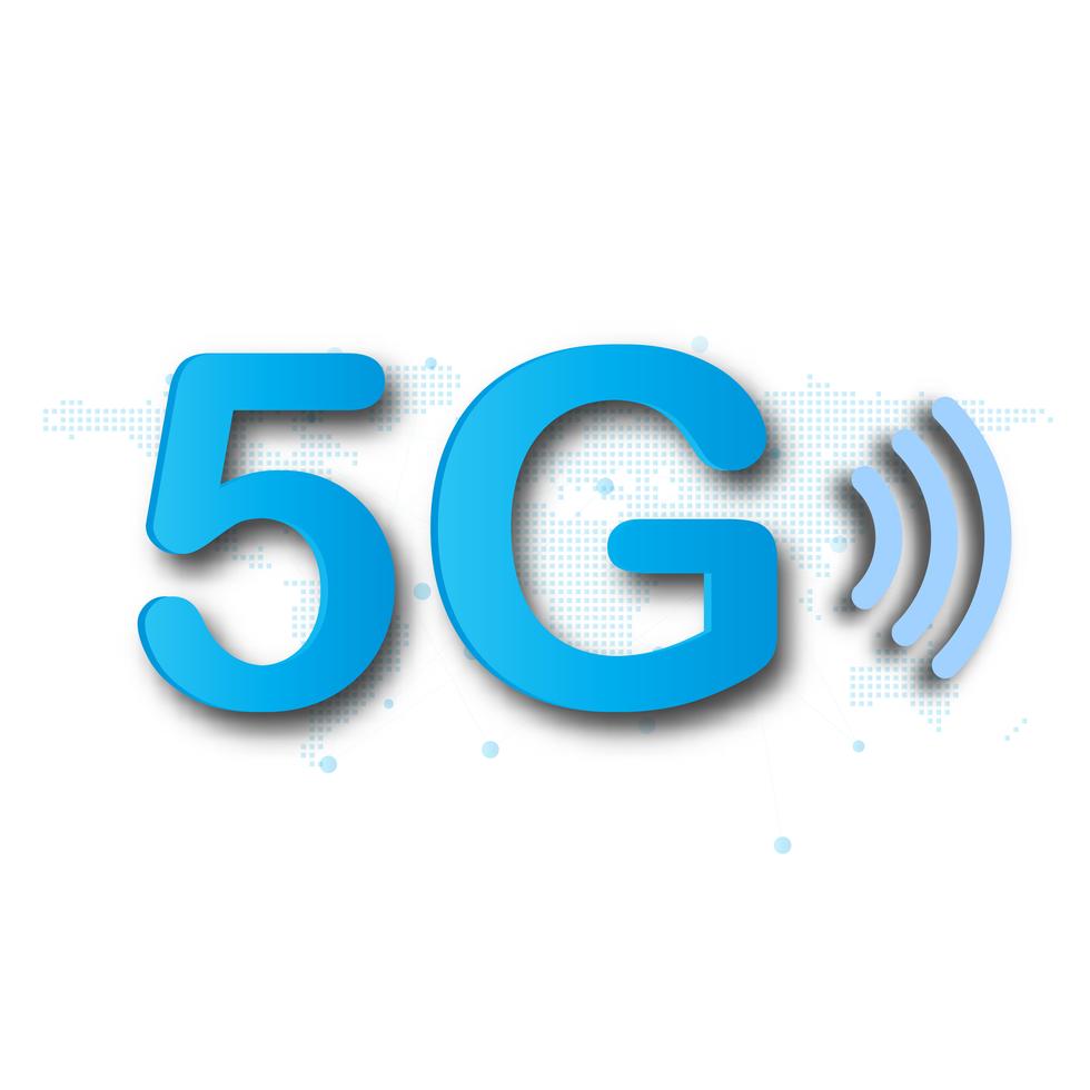 5G mobil mobilkommunikation blå logotyp bakgrund med global nätverkslinje länk överföring. Digital transformation och teknik koncept. Massiv framtida anslutning med höghastighetsinternet vektor