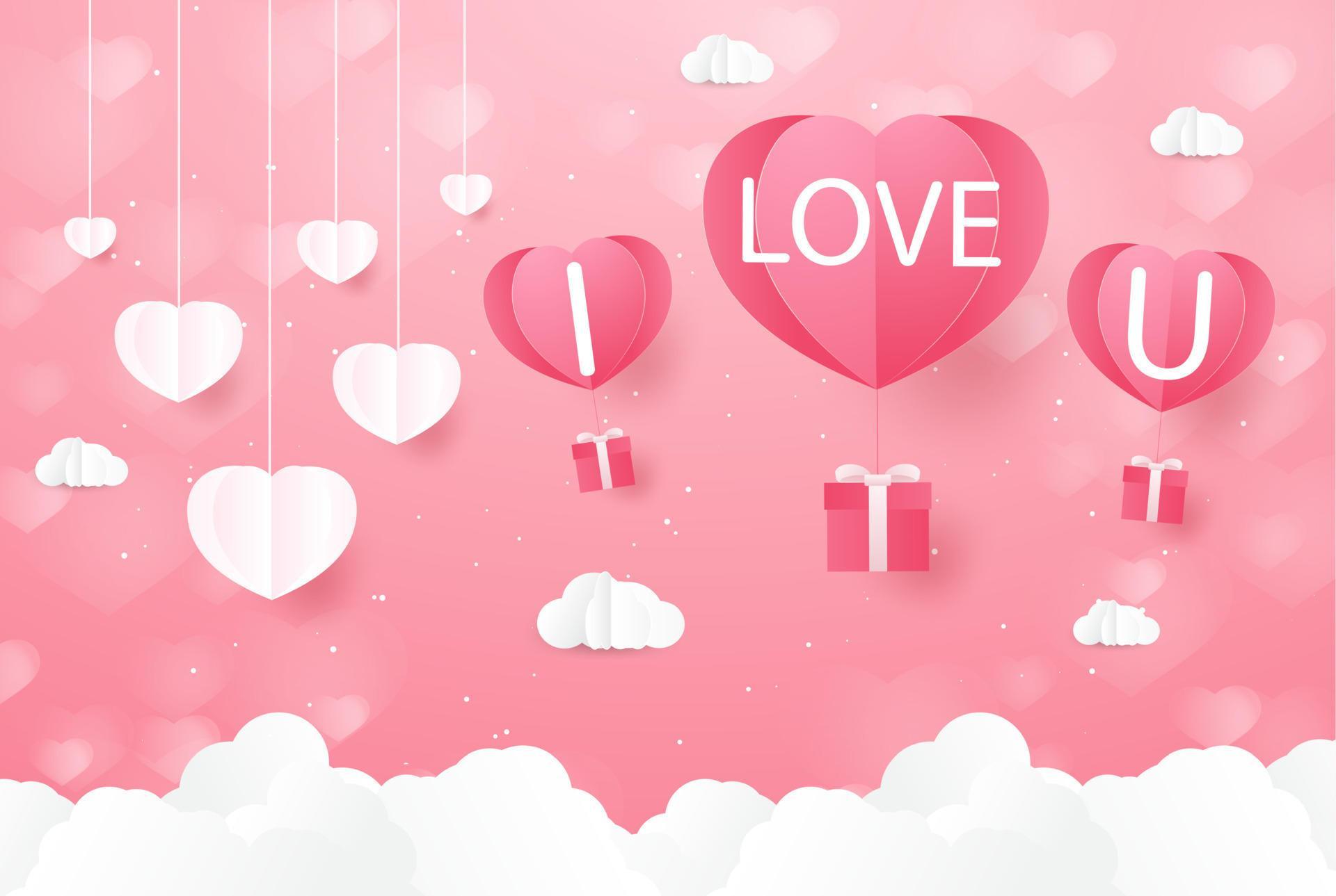 kärlek och alla hjärtans dag, älskare står och en hjärtformad ballong i papperskonst som svävar på himlen. hantverksstil. vektor