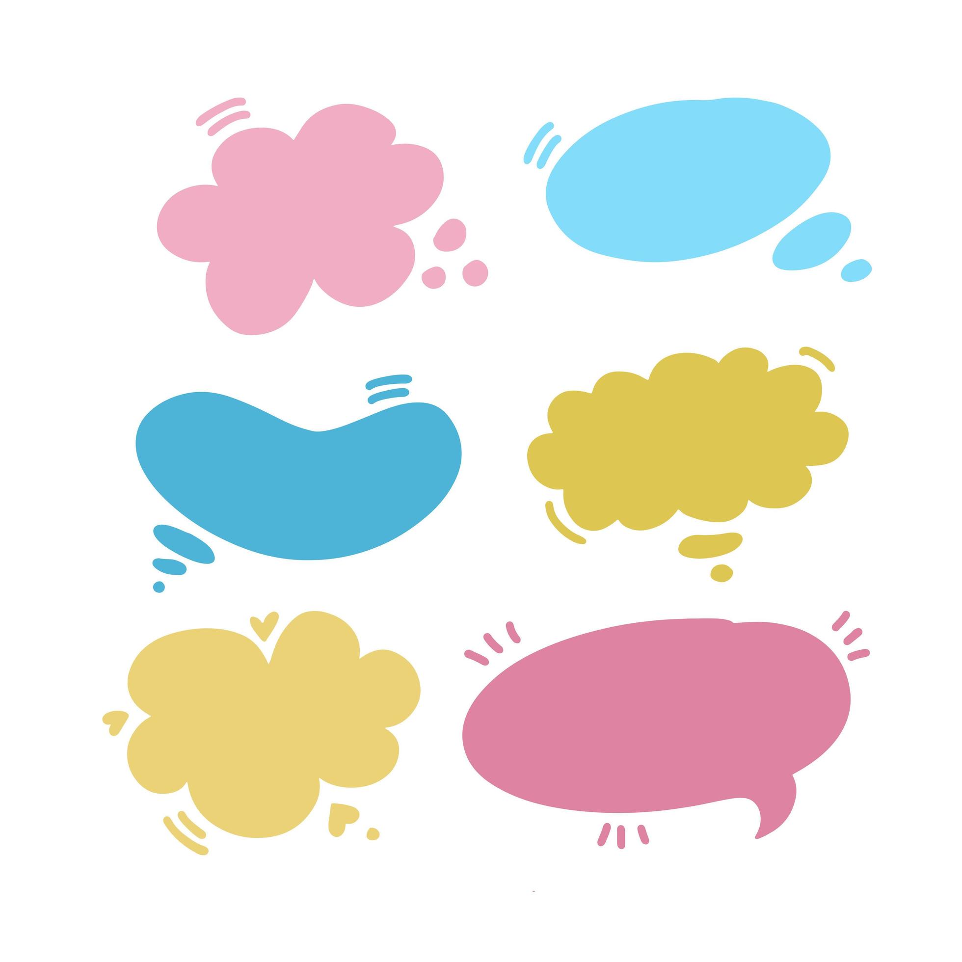 uppsättning pratbubblor i olika färger och former. ballongsats med klotter för inskriptioner, oval, moln, prickar. platt doodle stil samling för tecknad och komisk dialog, konversation, prata vektor