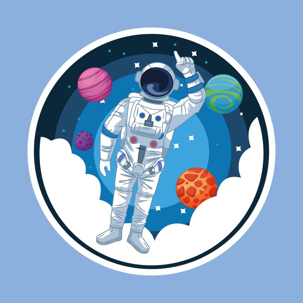 Astronaut in der runden Ikone der Galaxiekarikatur vektor
