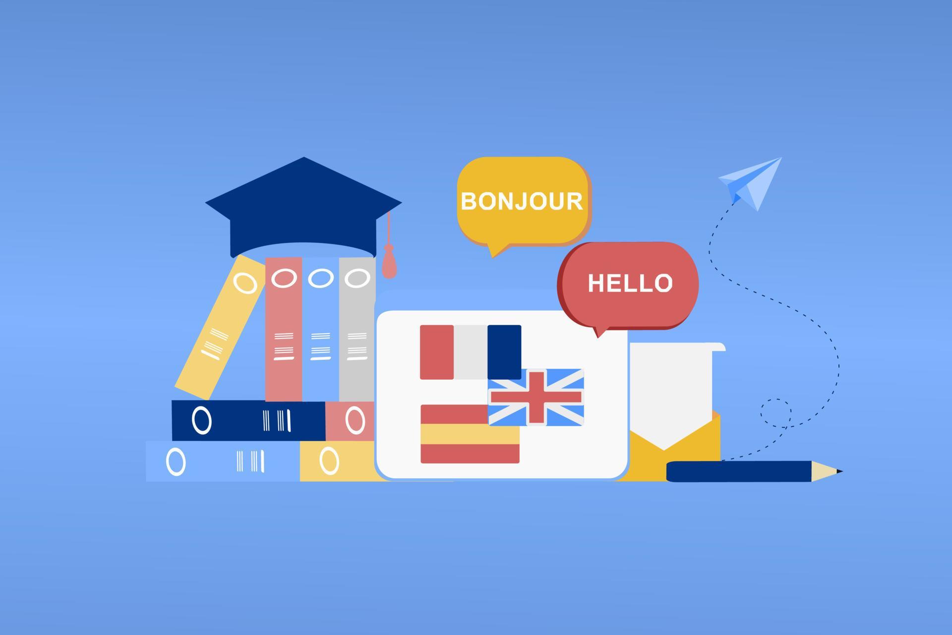 modern 3d online språkinlärningsklass, språkkurser banner mall för webbplats och mobil app utveckling. bokstavlig översättning, språkassistent, e-lärande koncept. vektor illustration.
