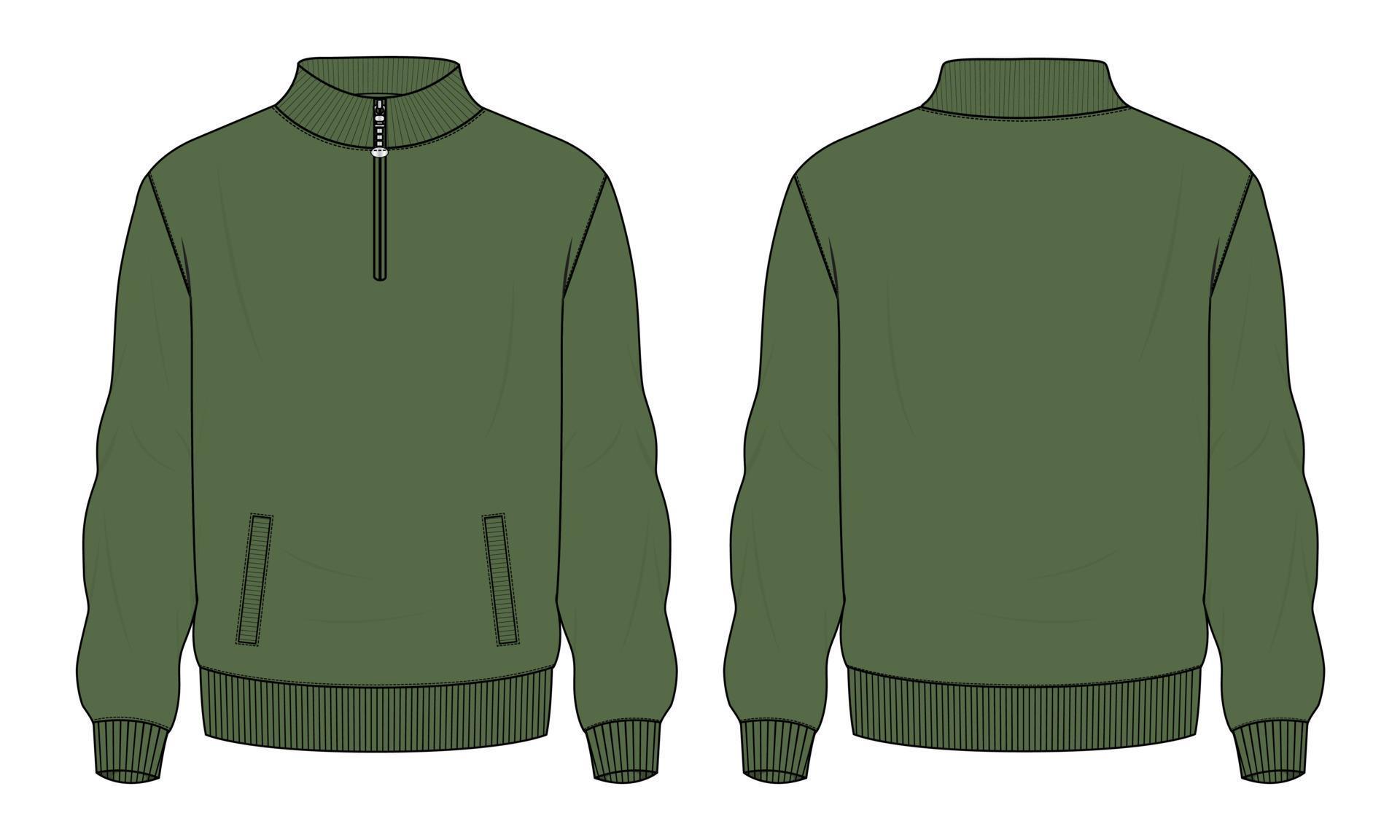 långärmad jacka tekniskt mode platt skiss vektorillustration grön färg mall fram- och bakvyer. vektor
