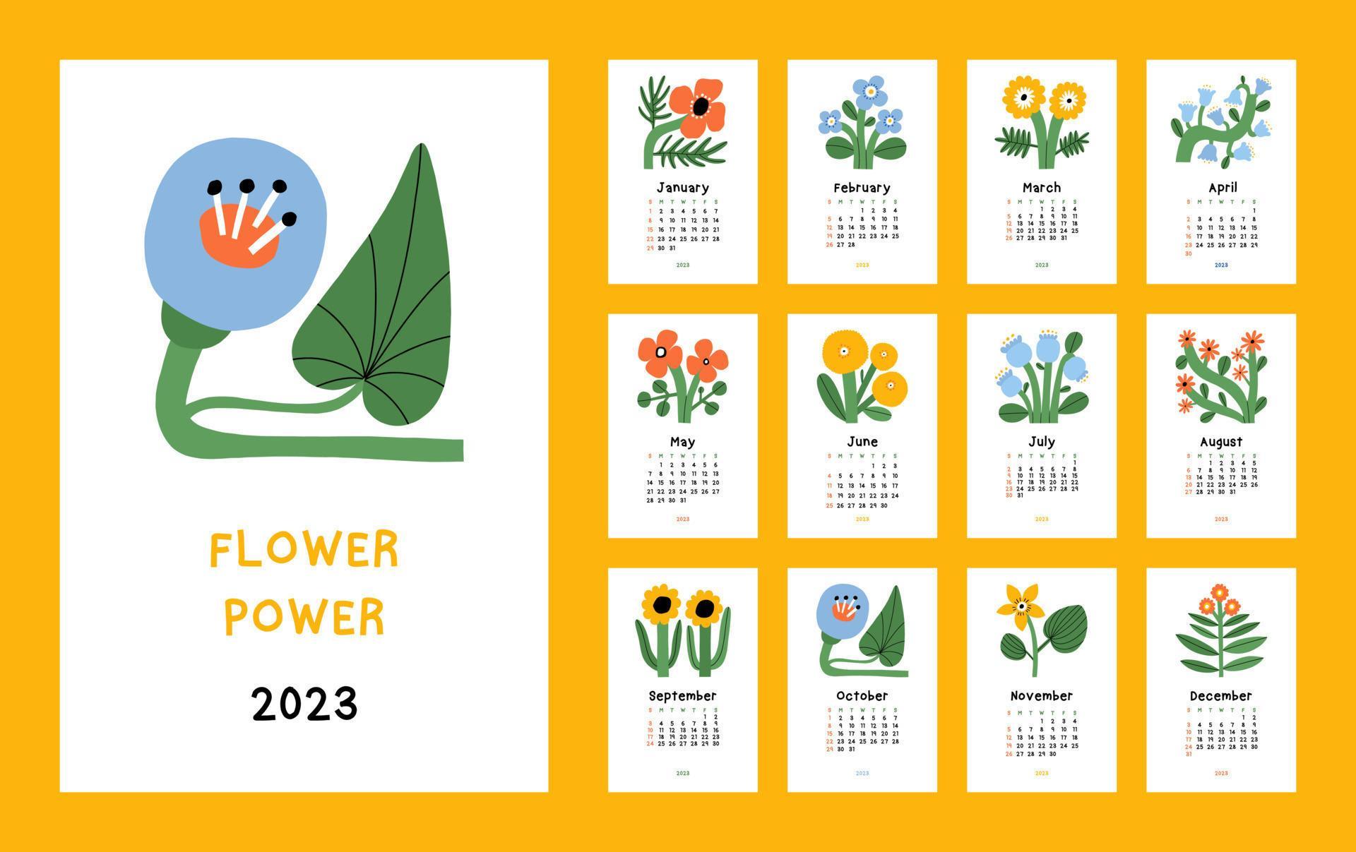 vacker blomkalender - flower power - 2023. botanisk utskrivbar vektormall. månadskalender med handritad blomma för 2023 år vektor