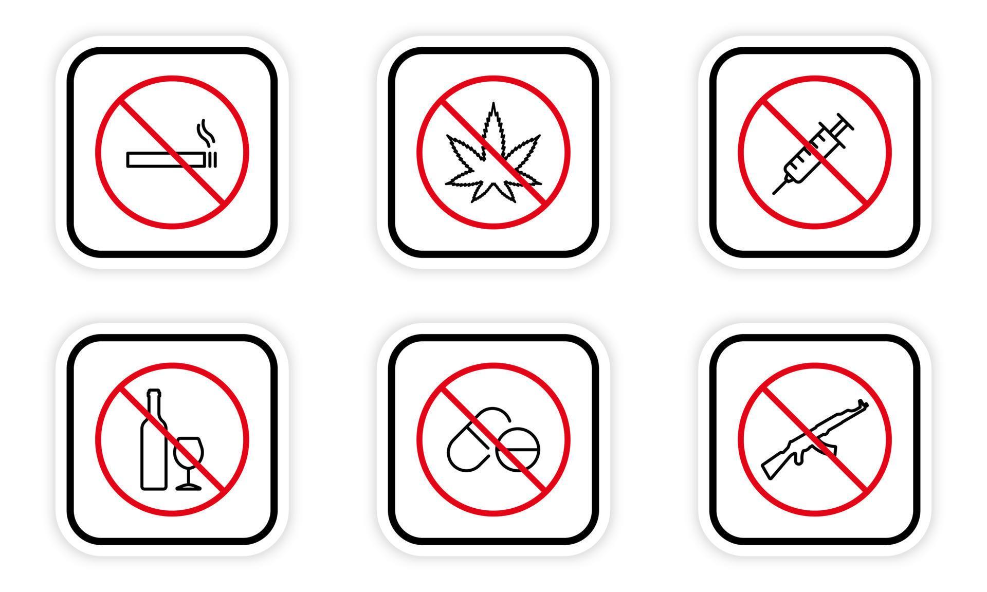 keine droge, alkohol, zigarette, pille, spritze, pistole ak47 line icon  set. betäubungsmittel, waffe verboten umriss piktogramm. gefahr sucht  stoppsymbol. illegales Zeichen verboten. isolierte Vektorillustration.  10570446 Vektor Kunst bei Vecteezy