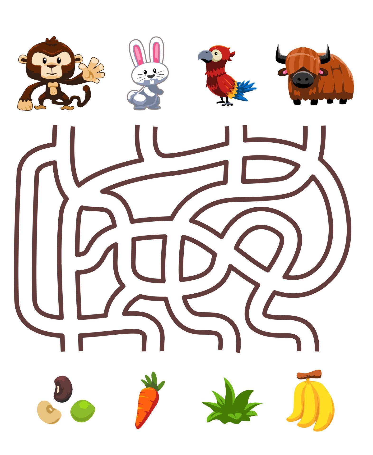 Labyrinth-Puzzle-Spiel für Kinder Paar niedlichen Cartoon-Affe Kaninchen  Papagei Yak mit dem richtigen Lebensmittel-Arbeitsblatt zum Ausdrucken  11207913 Vektor Kunst bei Vecteezy