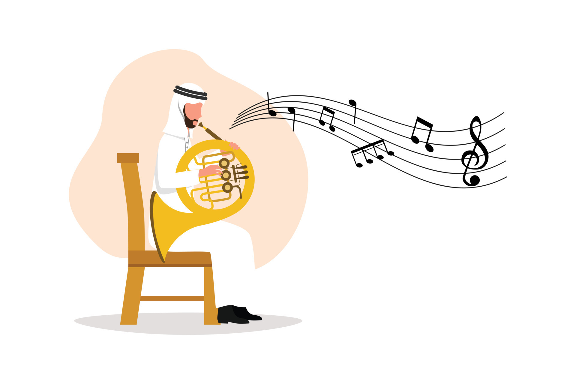 geschäftsflachzeichnung arabischer männlicher musiker, der klassische  melodie auf französischem horn aufführt. instrumentalist, der musik auf  blasinstrument spielt. Mann mit Trompete.  Cartoon-Charakter-Design-Vektor-Illustration 12486741 Vektor Kunst