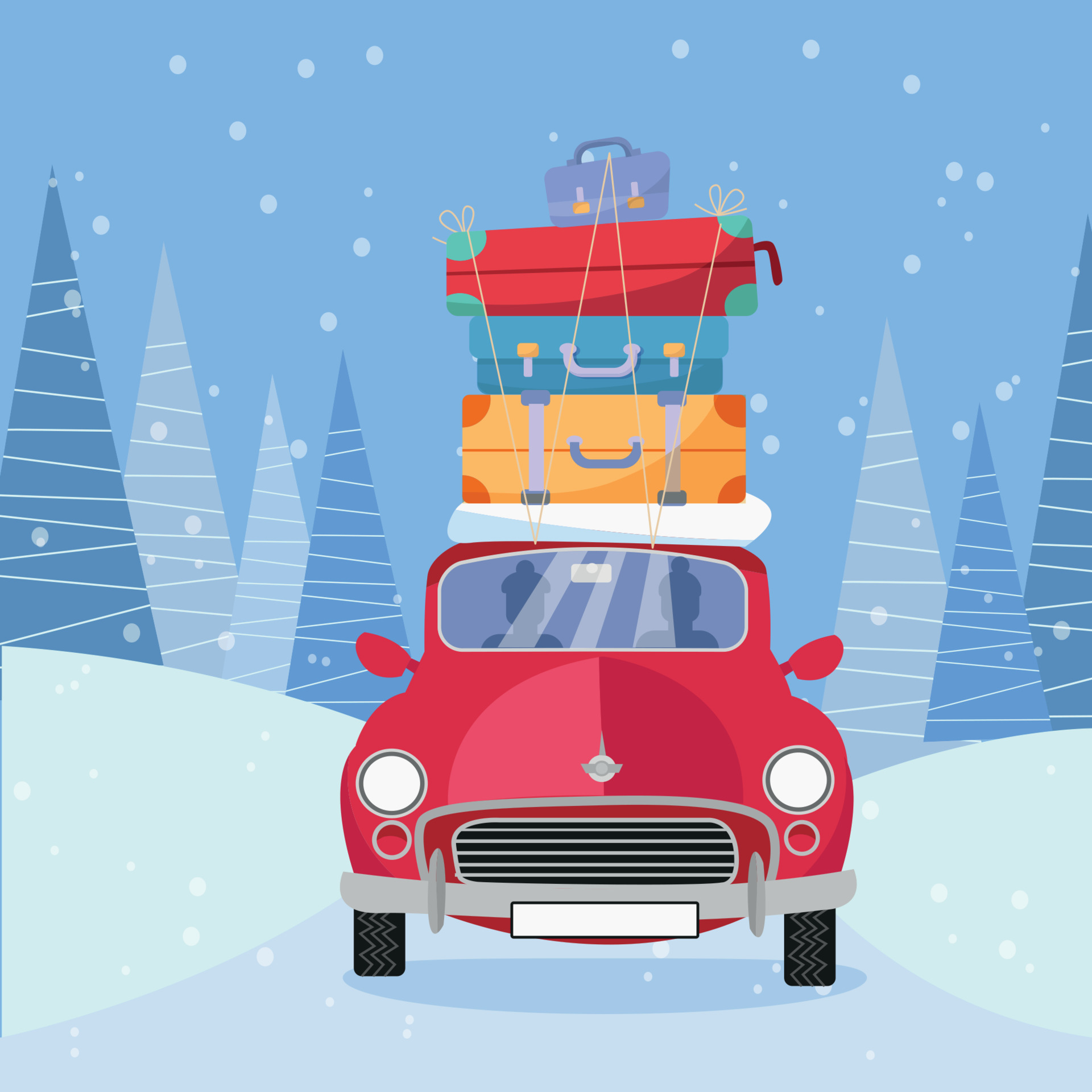 Reisen mit einem roten Auto mit einem Haufen Gepäcktaschen auf dem Dach auf  der Straße durch den verschneiten Wald. Wintertourismus, Reisen, Ausflug.  flache Cartoon-Vektor-Illustration. Vorderansicht des Autos mit  Kofferstapel 12493346 Vektor Kunst