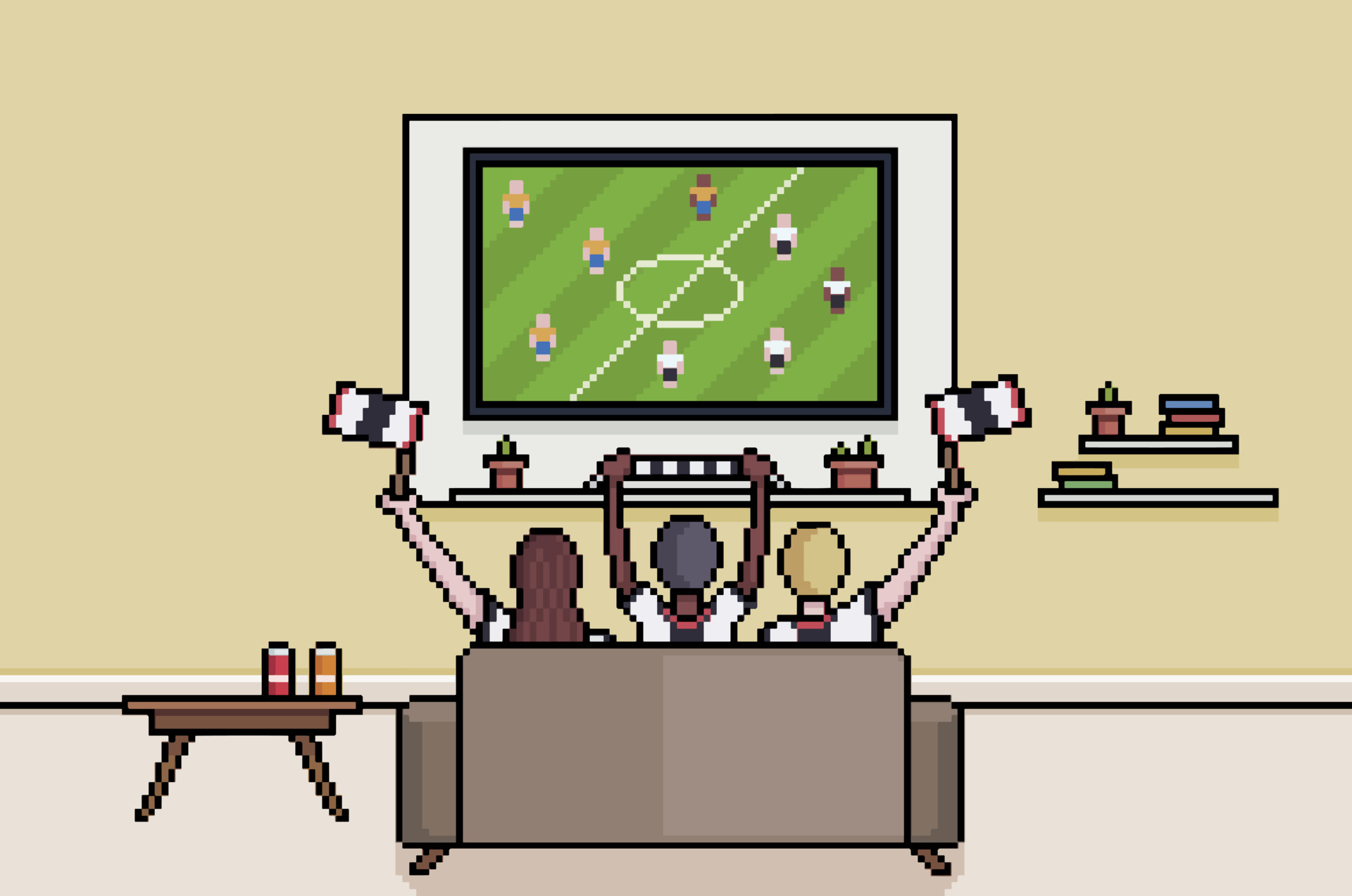 Pixel-Art-Fans schauen Fußball im Fernsehen im Wohnzimmer, Deutsche schauen sich den 8-Bit-Hintergrund der Fußball-Weltmeisterschaft an 12889616 Vektor Kunst bei Vecteezy
