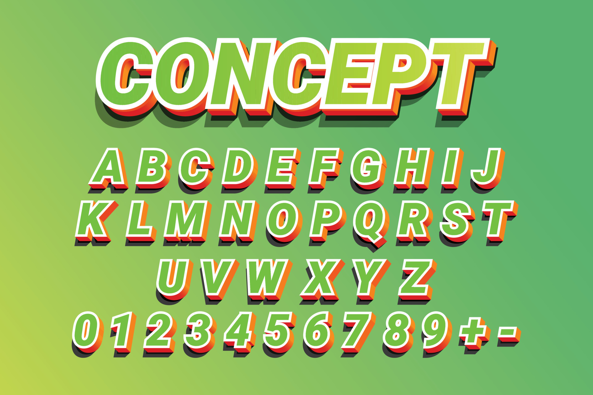 3D-Buchstaben und Zahlen, fette grüne und orangefarbene Schrift