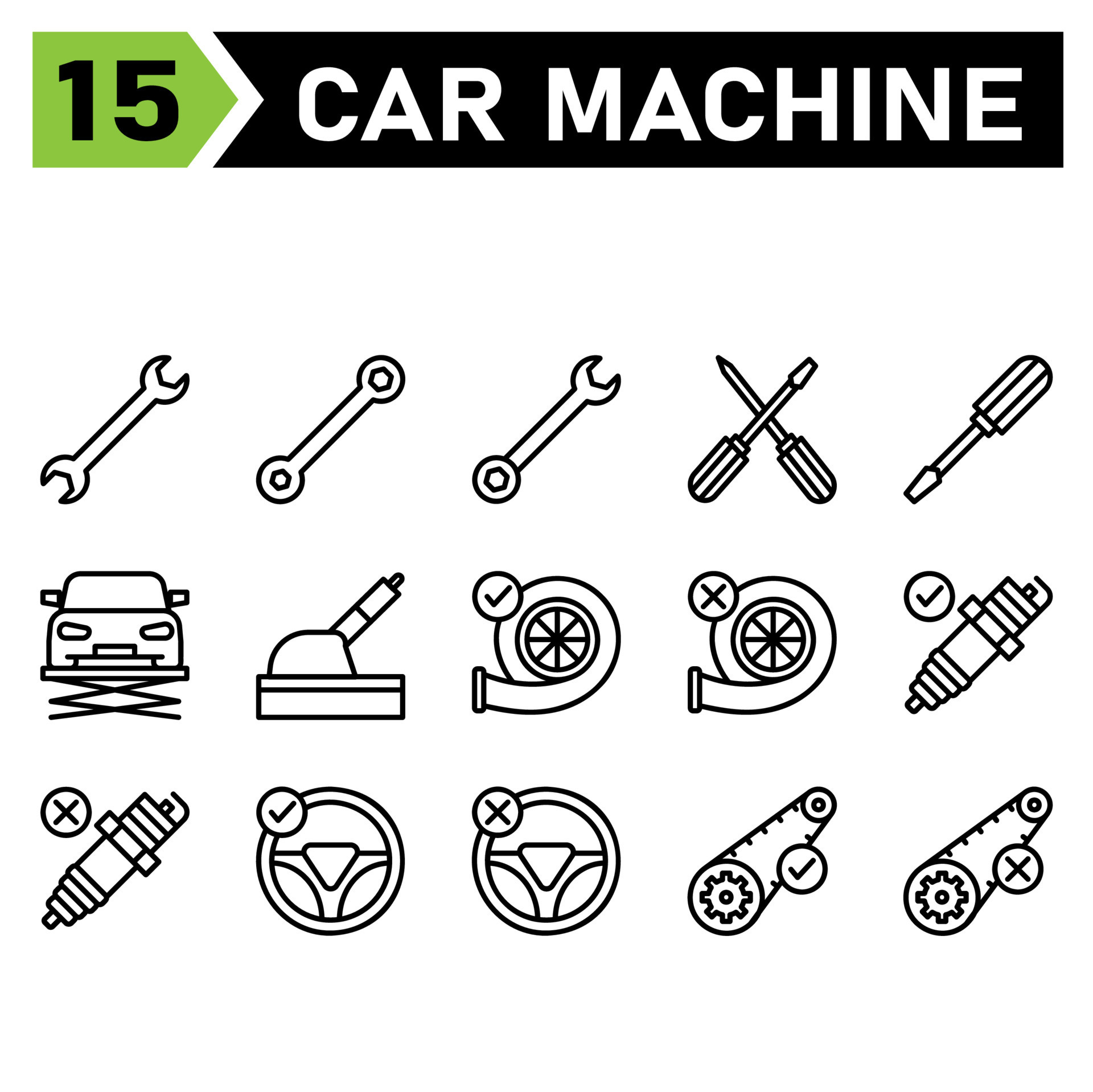 Das Symbolset für Automaschinen umfasst Werkzeuge, Werkzeug,  Schraubenschlüssel, Einstellung, Auto, Schraubendreher, Aufzug, Service,  Wartung, Automobil, Handbremse, Bremse, Turbo, Maschine, Motor,  Akzeptieren, Kaputt, Funke, Stecker, Mechaniker