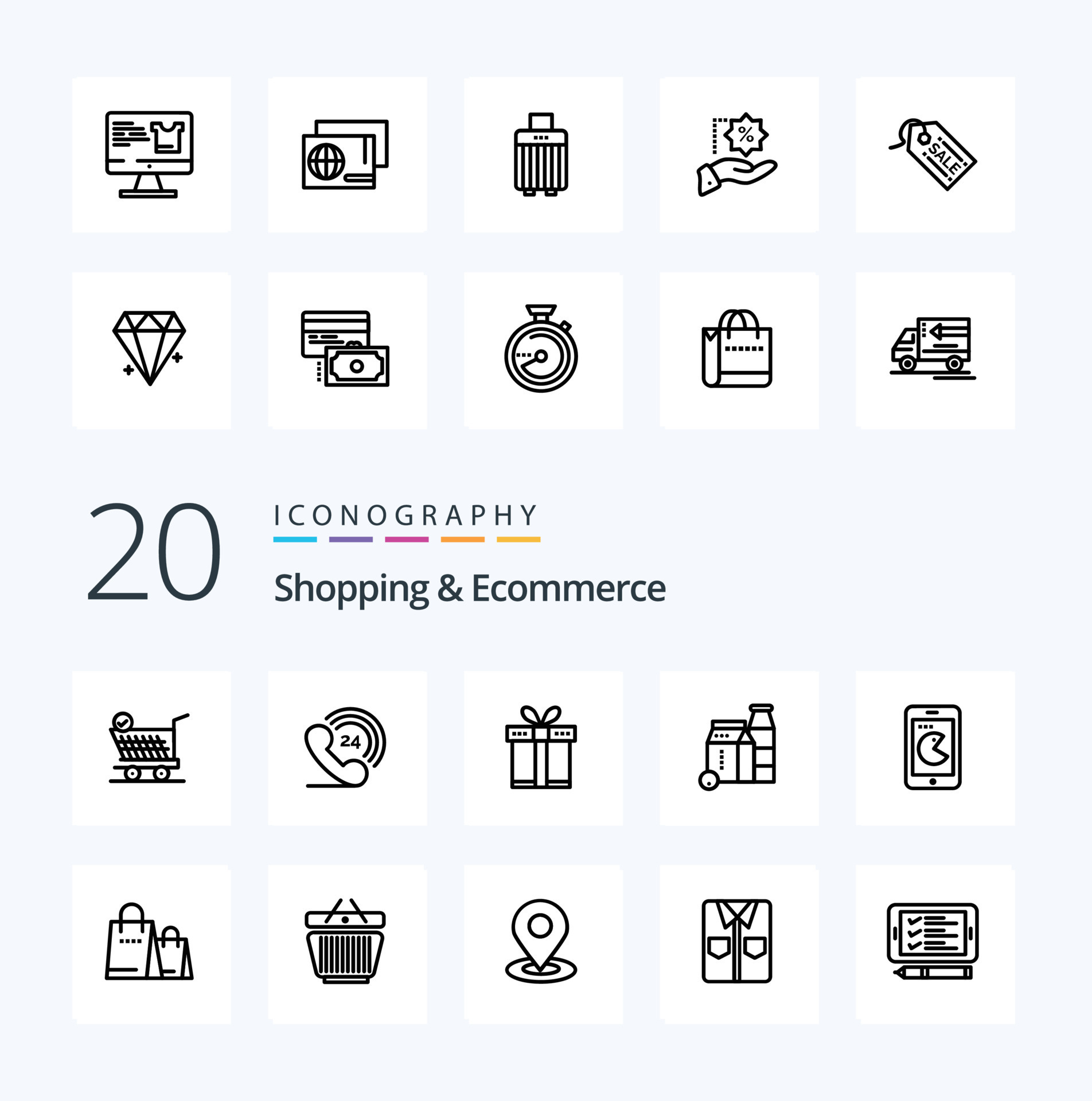 20 Einkaufs- und E-Commerce-Linien-Icon-Pack wie Einkaufsbox