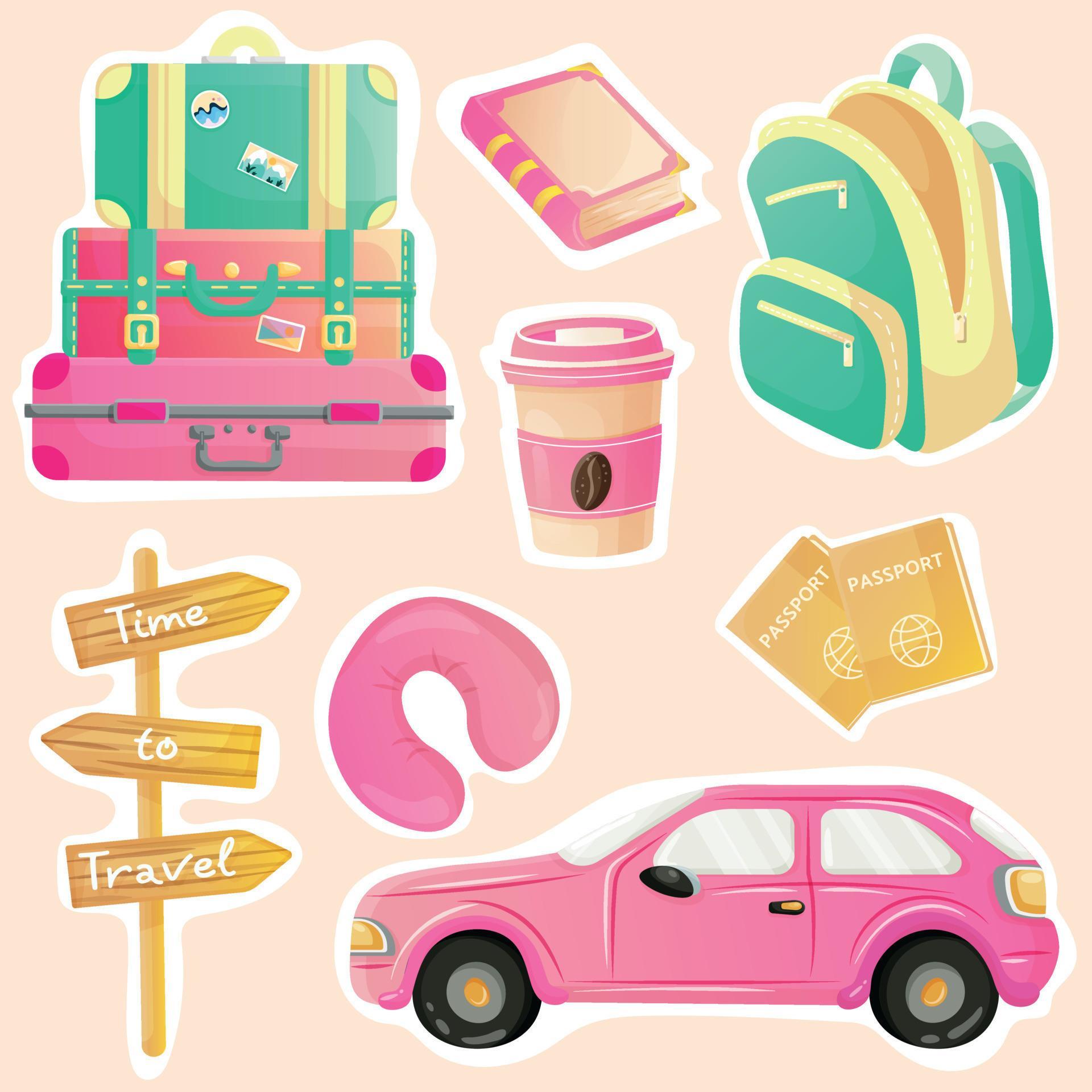 süß Karikatur Reise Aufkleber einstellen mit Rosa Auto, drei Koffer, Rosa  Tasse von Kaffee, Rosa Buch, zwei Orange Pässe, Rosa Kopf Kopfkissen, Grün  und Gelb Rucksack und Zeit zu Reise Holz Zeichen