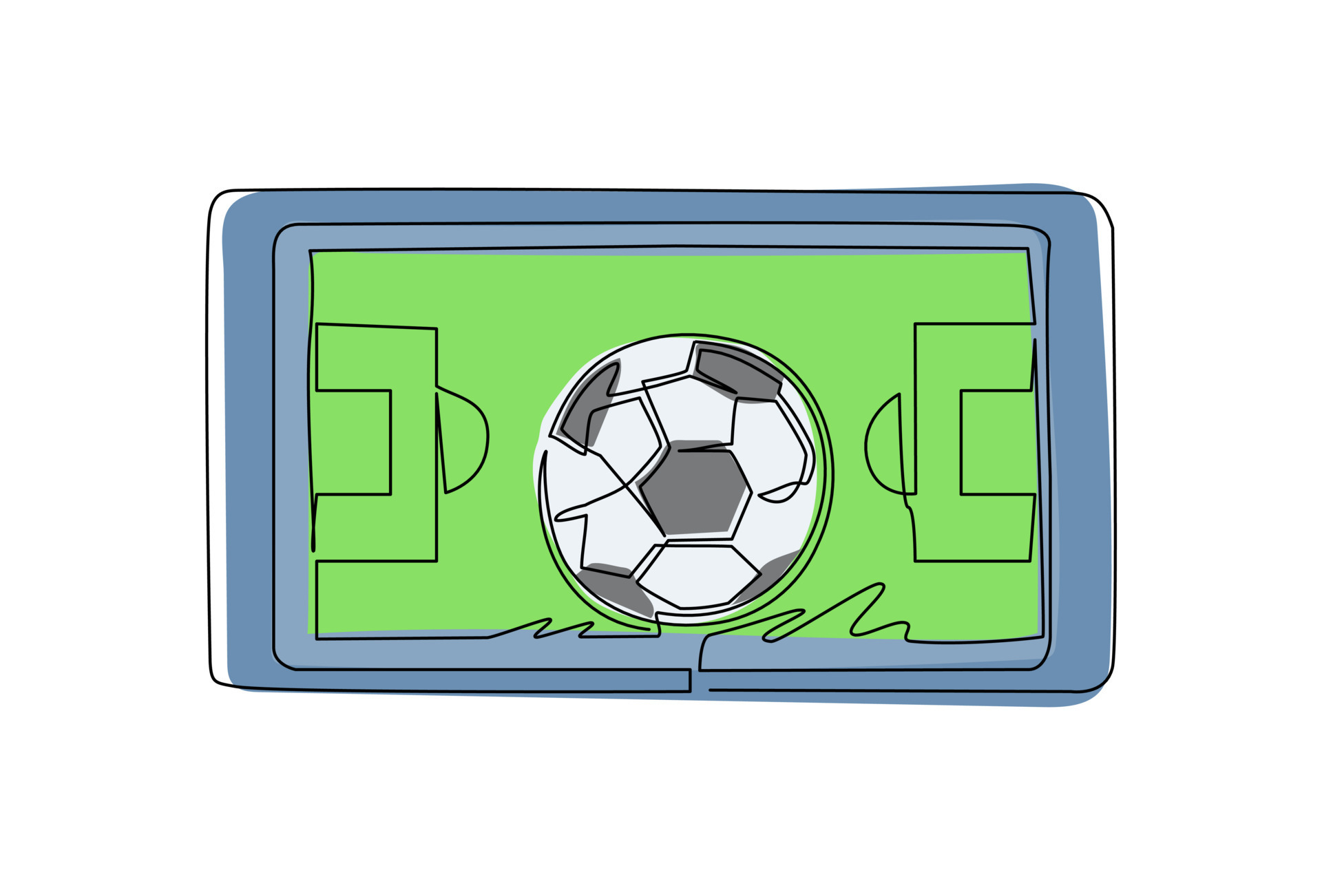 Einzelne Linie, die Fußballfeld und Fußball auf dem Smartphone-Bildschirm zeichnet. Smartphone mit App Fußball Fußball