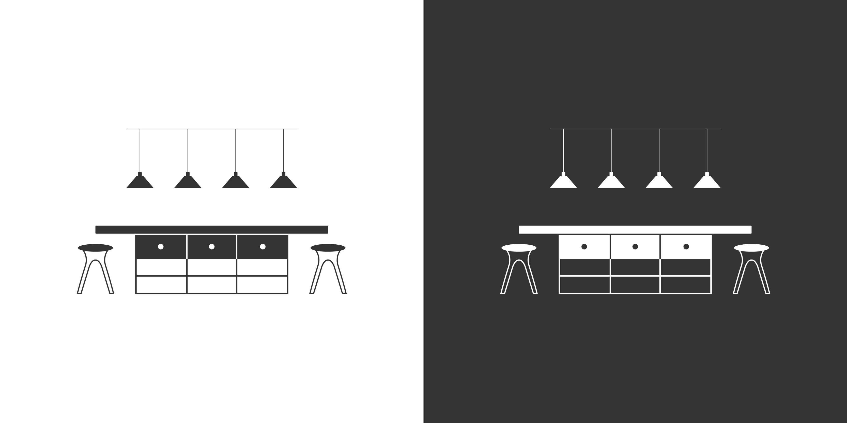 Küche Möbel Symbol. isoliert auf schwarz und Weiß Hintergrund. Innere Vektor  Symbol mit Tisch, zwei Hocker und Lampen 24769944 Vektor Kunst bei Vecteezy