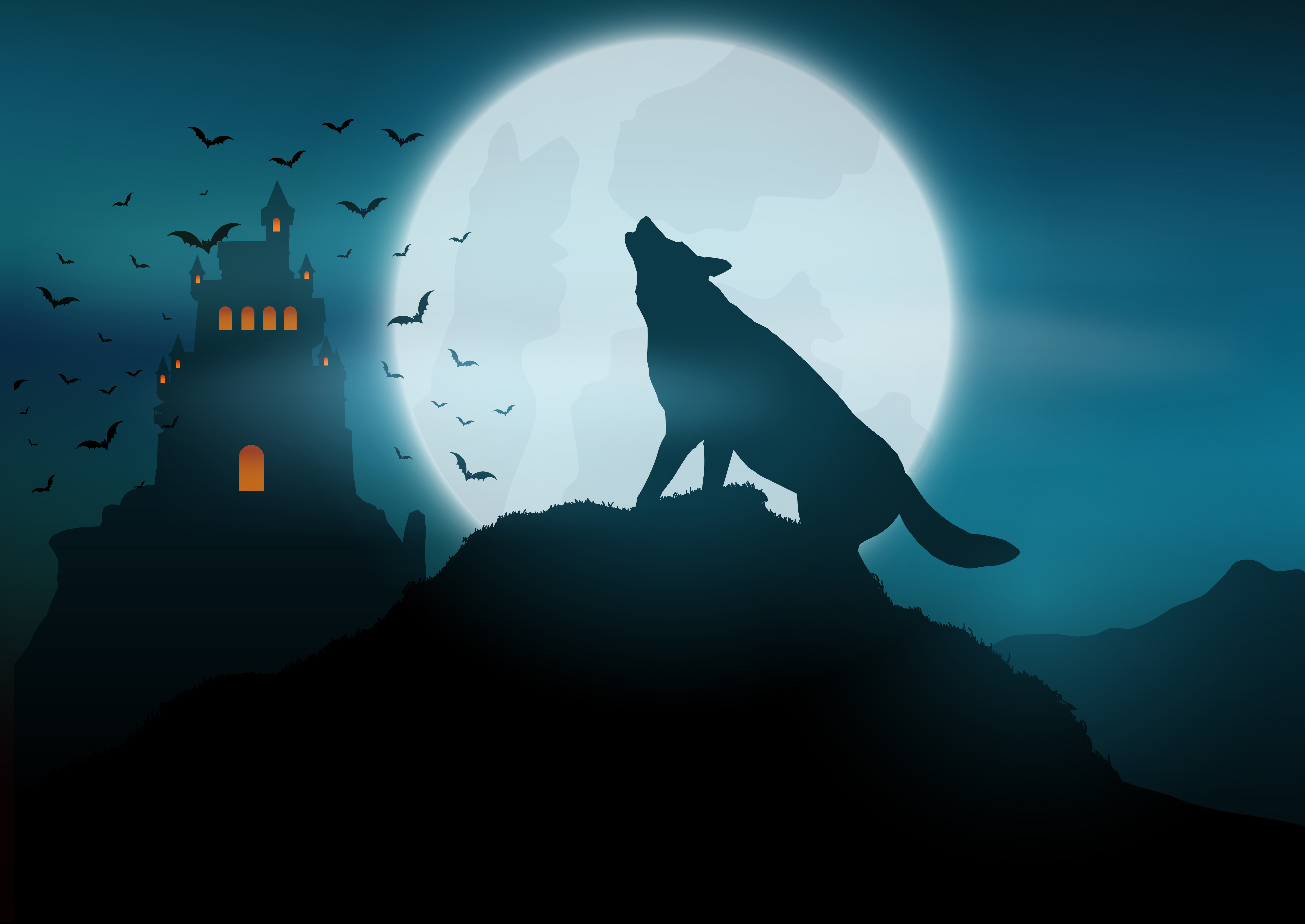 HalloweenHintergrund mit dem Wolf, der am Mond heult
